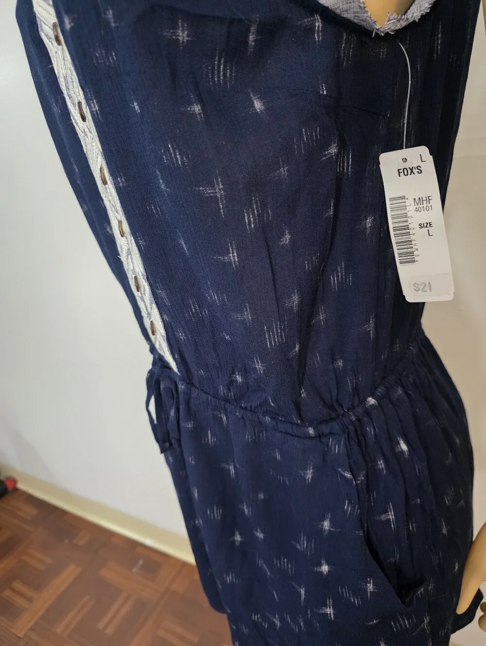 Miss Me Navy Blue Sleeveless Romper with Embroidered Placket Size US/L